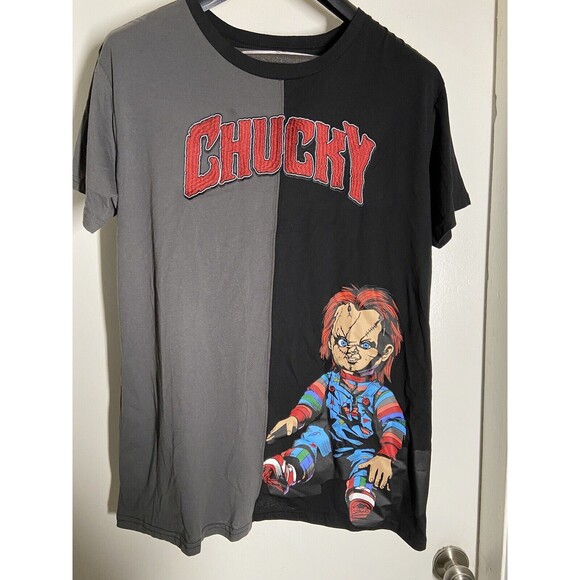 CHUCKY CHILDS PLAY Shirt Adult XL Embroidered Letters Half Gray/BLK Print Horror - Picture 1 of 4
